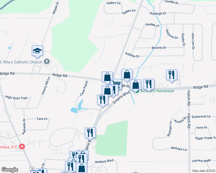 map of restaurants, bars, coffee shops, grocery stores, and more near 1043 Gravel Road in Webster
