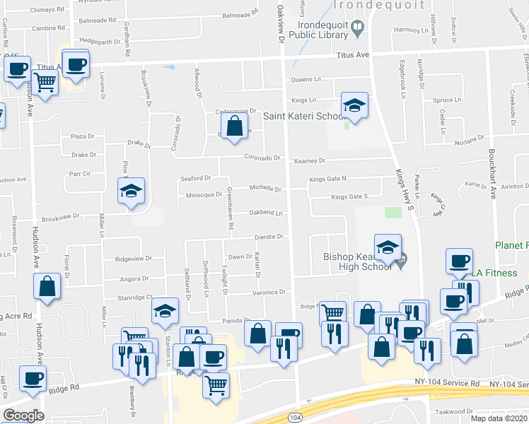 map of restaurants, bars, coffee shops, grocery stores, and more near 67 Oakbend Lane in Rochester