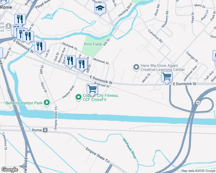 map of restaurants, bars, coffee shops, grocery stores, and more near 1090 Rome Industrial Park in Rome