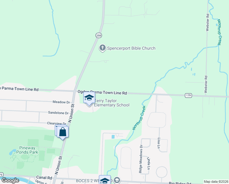 map of restaurants, bars, coffee shops, grocery stores, and more near 410 County Road 179 in Spencerport