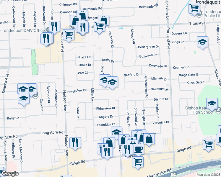map of restaurants, bars, coffee shops, grocery stores, and more near 300 Brookview Drive in Rochester