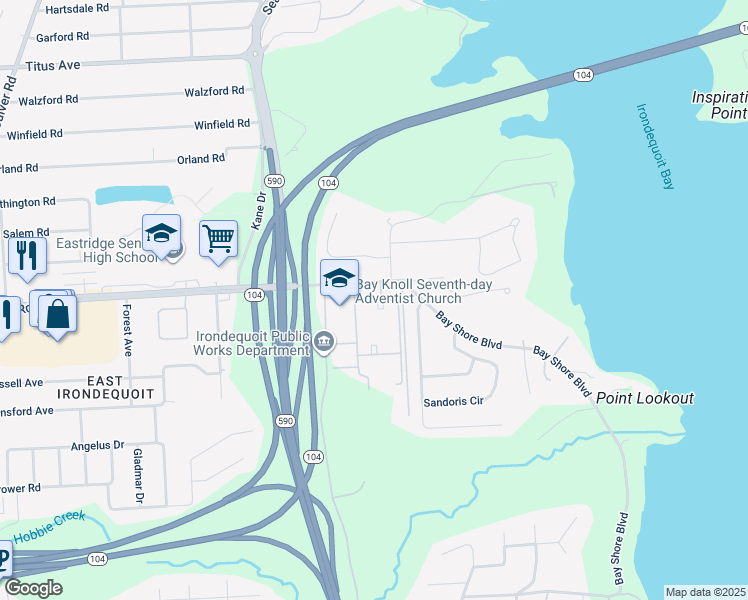 map of restaurants, bars, coffee shops, grocery stores, and more near 100 Woodridge Court in Irondequoit