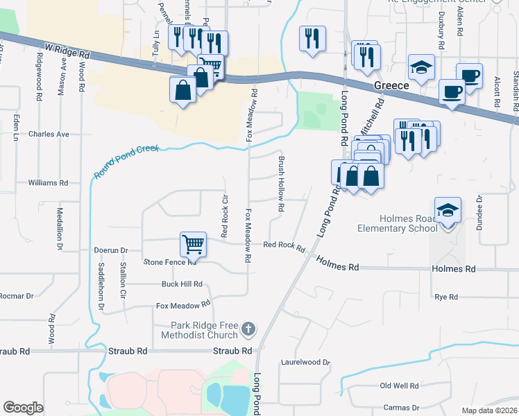 map of restaurants, bars, coffee shops, grocery stores, and more near 15 Gayla Drive in Rochester