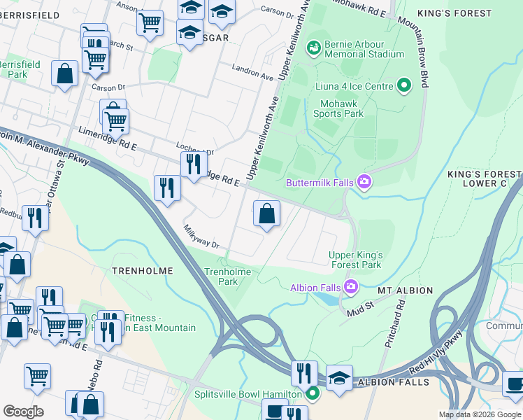 map of restaurants, bars, coffee shops, grocery stores, and more near 1350 Limeridge Road East in Hamilton