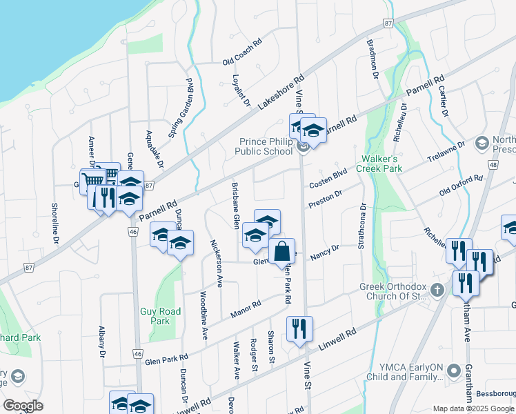 map of restaurants, bars, coffee shops, grocery stores, and more near 19 Prince Philip Drive in St. Catharines