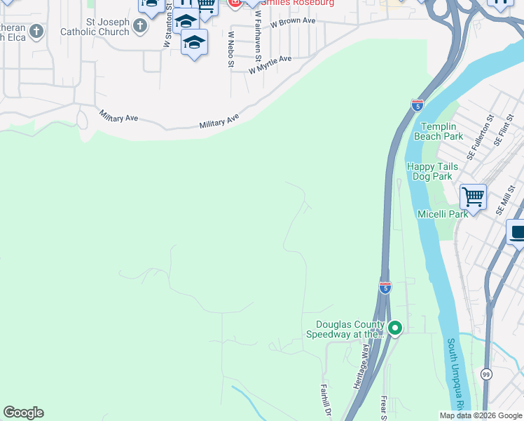 map of restaurants, bars, coffee shops, grocery stores, and more near 1401 Fairhill Drive in Roseburg