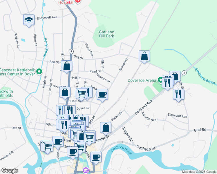 map of restaurants, bars, coffee shops, grocery stores, and more near 104 Broadway in Dover