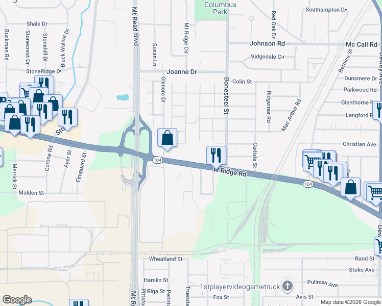 map of restaurants, bars, coffee shops, grocery stores, and more near 1044 West Ridge Road in Rochester