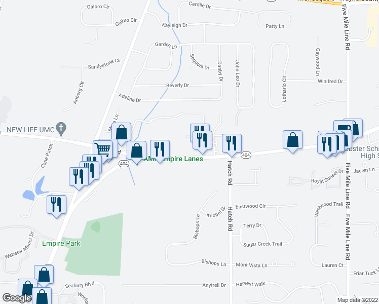 map of restaurants, bars, coffee shops, grocery stores, and more near 680 Ridge Road in Webster