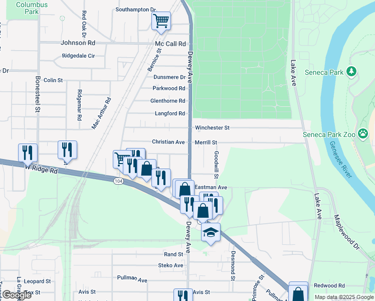 map of restaurants, bars, coffee shops, grocery stores, and more near 1994 Dewey Avenue in Rochester