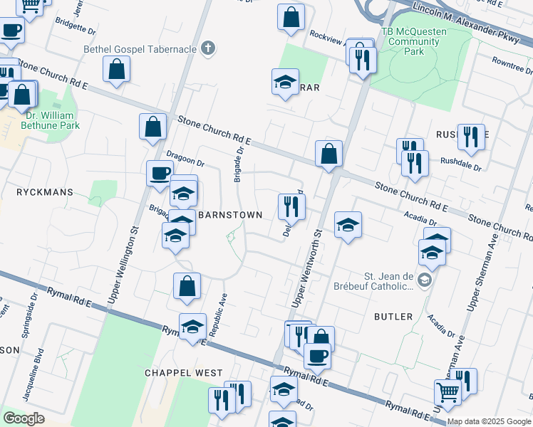 map of restaurants, bars, coffee shops, grocery stores, and more near 74 Josephine Drive in Hamilton