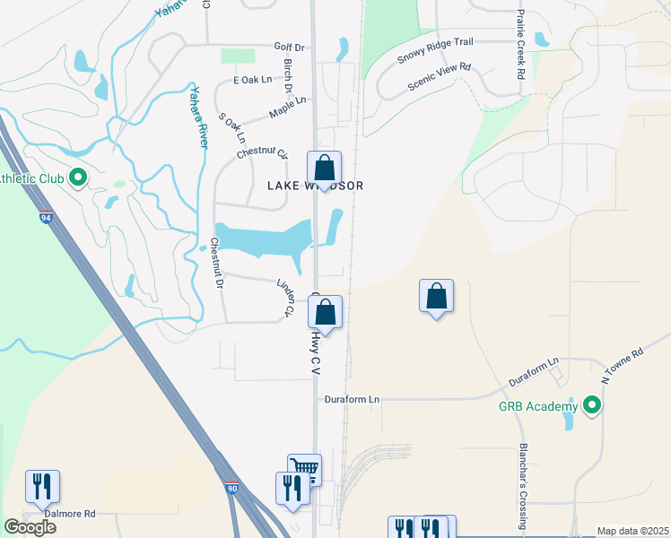 map of restaurants, bars, coffee shops, grocery stores, and more near 6512 Lake Rd in Dane
