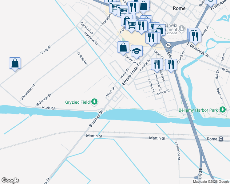 map of restaurants, bars, coffee shops, grocery stores, and more near 708 South James Street in Rome