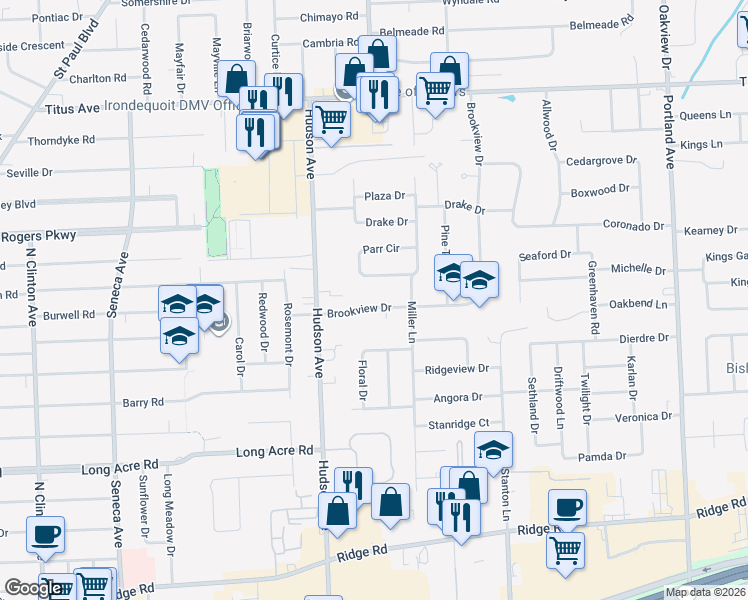 map of restaurants, bars, coffee shops, grocery stores, and more near 449 Brookview Drive in Rochester