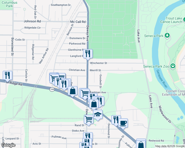map of restaurants, bars, coffee shops, grocery stores, and more near 1994 Dewey Avenue in Rochester