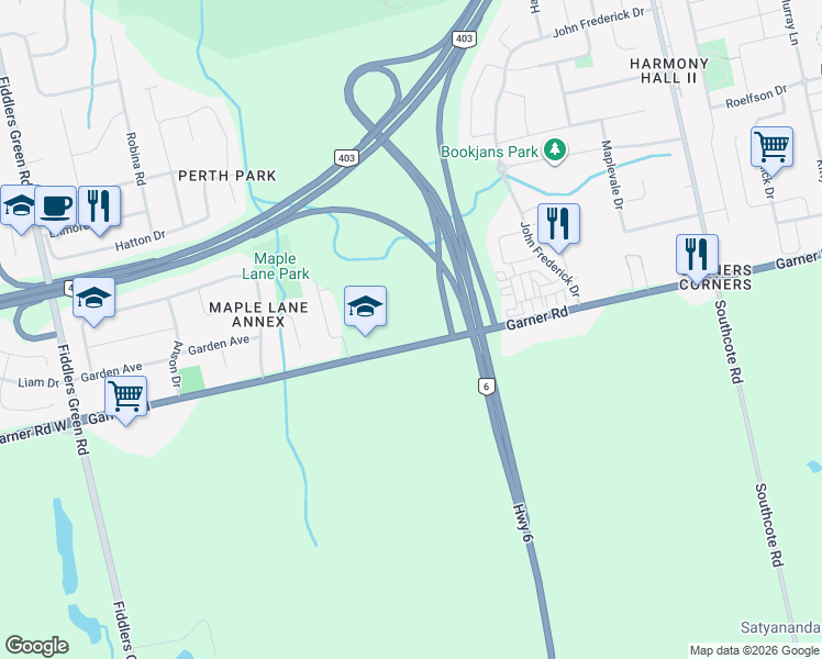 map of restaurants, bars, coffee shops, grocery stores, and more near 281 Garner Road East in Hamilton