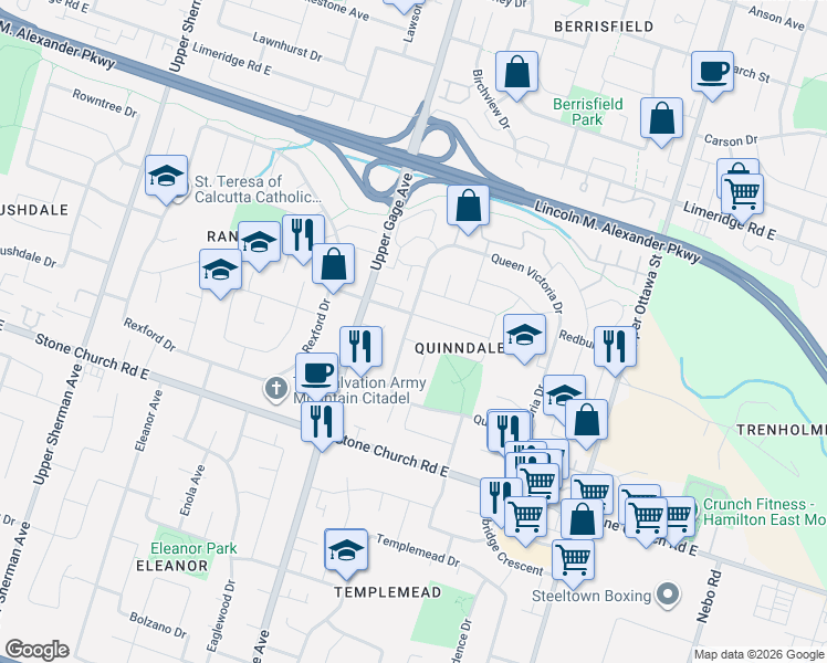 map of restaurants, bars, coffee shops, grocery stores, and more near 594 Queen Victoria Drive in Hamilton