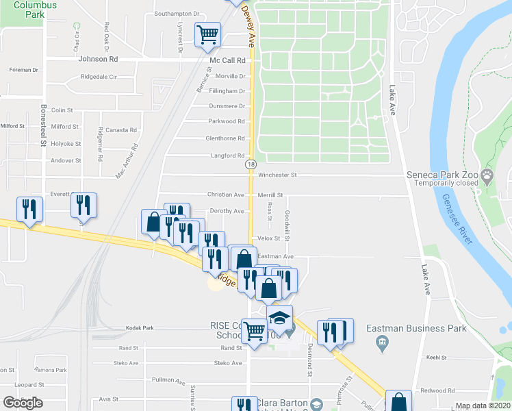 map of restaurants, bars, coffee shops, grocery stores, and more near 1988 Dewey Avenue in Rochester