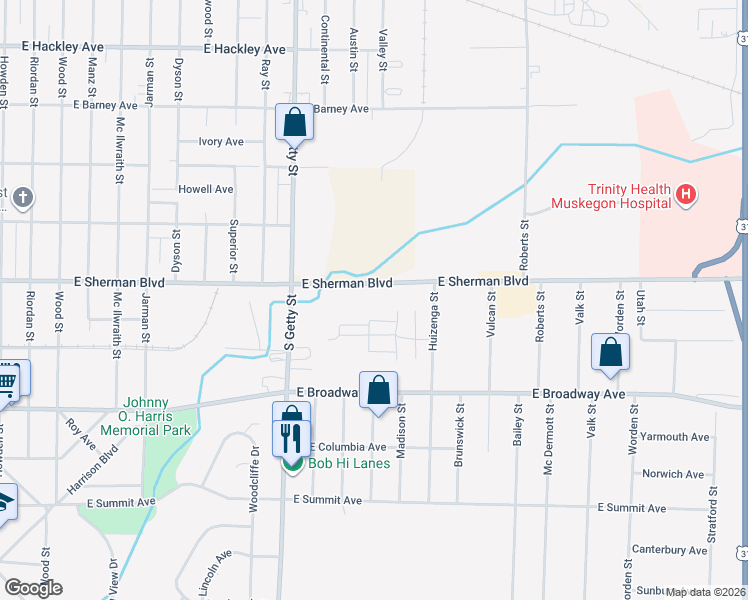 map of restaurants, bars, coffee shops, grocery stores, and more near 945 East Sherman Boulevard in Norton Shores