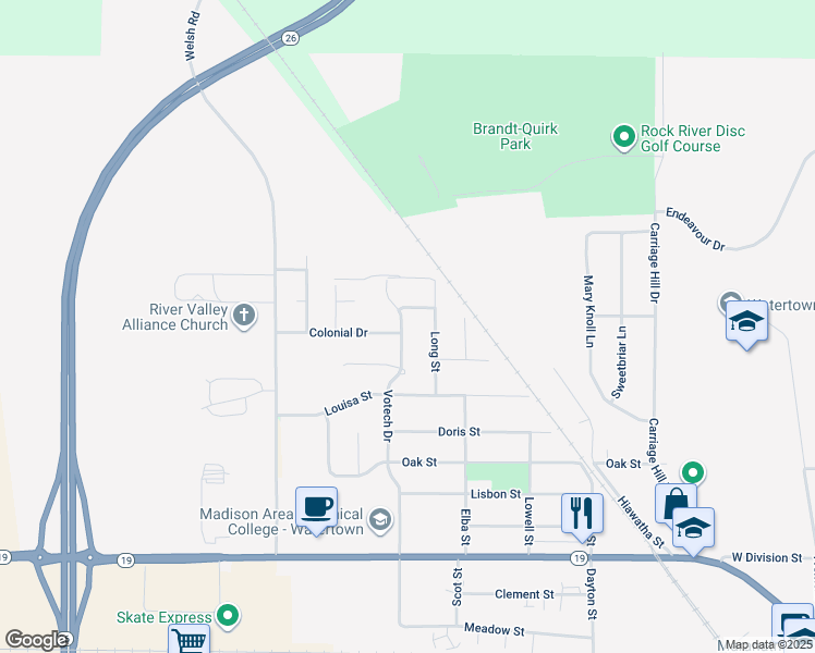 map of restaurants, bars, coffee shops, grocery stores, and more near 625 Votech Drive in Watertown
