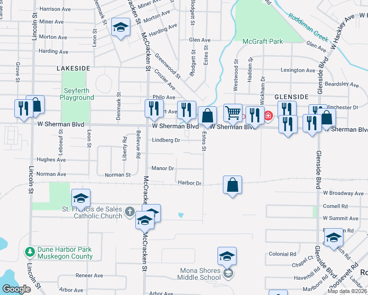 map of restaurants, bars, coffee shops, grocery stores, and more near 1869 Lindberg Drive in Norton Shores