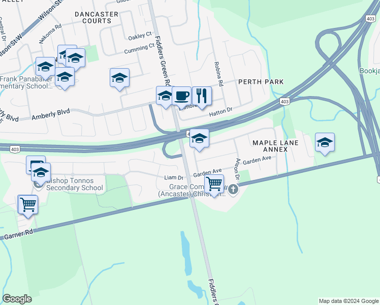 map of restaurants, bars, coffee shops, grocery stores, and more near 21 Miller Drive in Hamilton