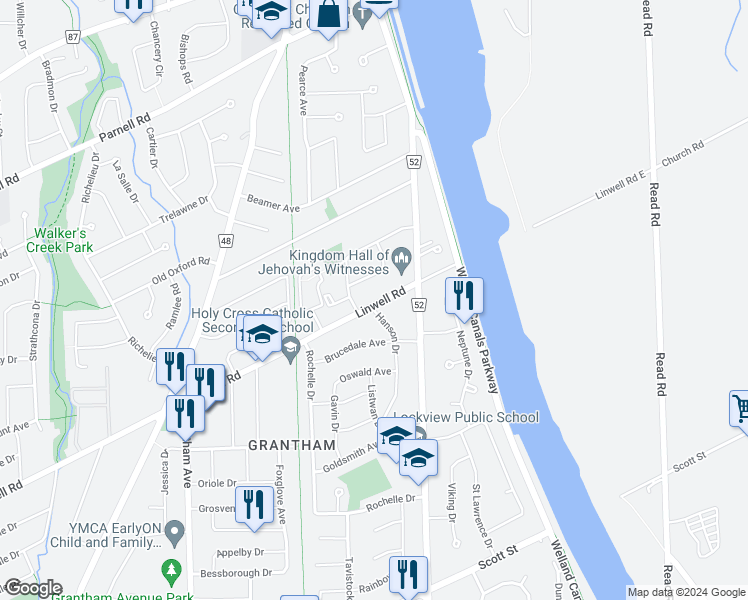 map of restaurants, bars, coffee shops, grocery stores, and more near 493 Linwell Road in St. Catharines
