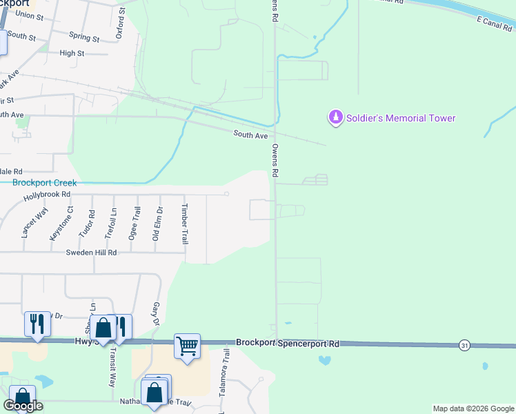 map of restaurants, bars, coffee shops, grocery stores, and more near 96 Woodlands in Brockport