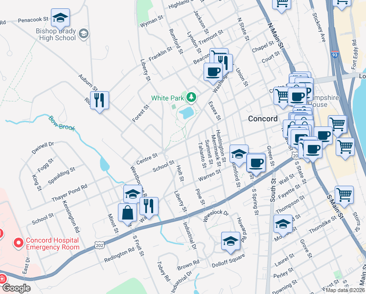 map of restaurants, bars, coffee shops, grocery stores, and more near 35 Pine Street in Concord