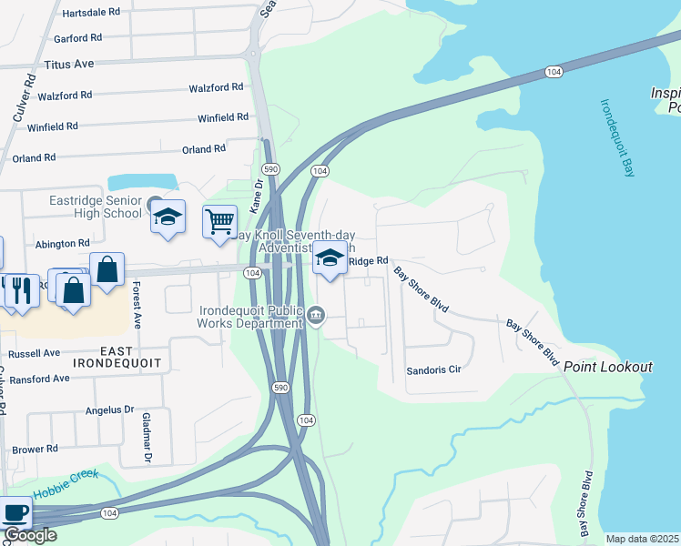 map of restaurants, bars, coffee shops, grocery stores, and more near 30 Woodridge Court in Irondequoit