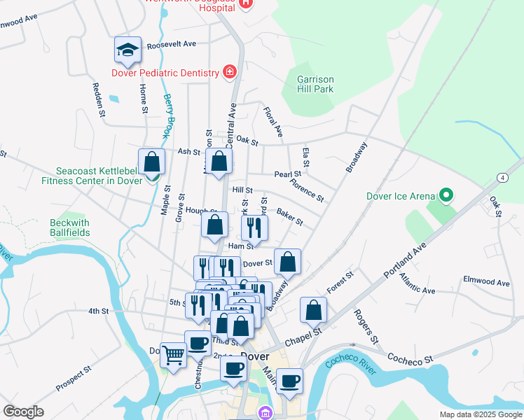 map of restaurants, bars, coffee shops, grocery stores, and more near 48 East Concord Street in Dover