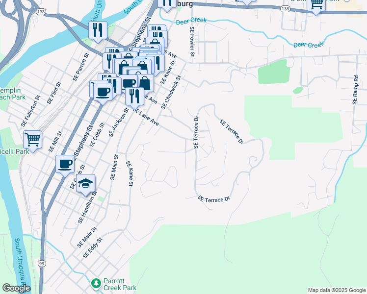 map of restaurants, bars, coffee shops, grocery stores, and more near 846 Southeast Glenn Street in Roseburg