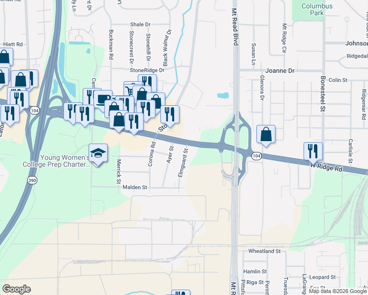 map of restaurants, bars, coffee shops, grocery stores, and more near 1367 West Ridge Road in Rochester
