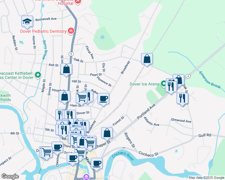 map of restaurants, bars, coffee shops, grocery stores, and more near 104 Broadway in Dover