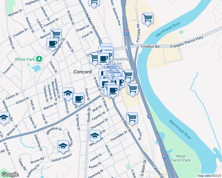 map of restaurants, bars, coffee shops, grocery stores, and more near 7 Pleasant Street Extension in Concord