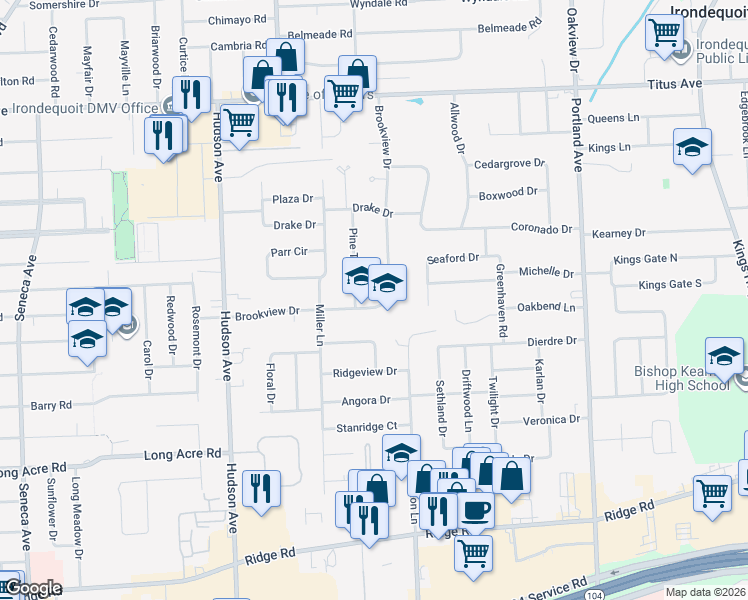 map of restaurants, bars, coffee shops, grocery stores, and more near 276 Brookview Drive in Rochester