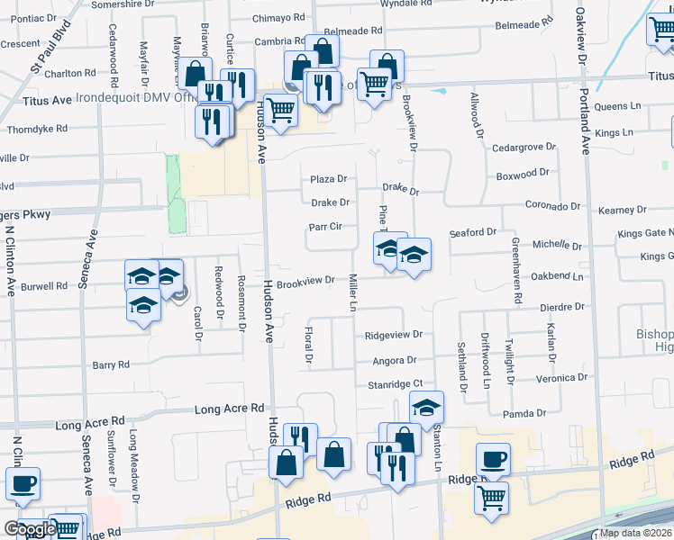 map of restaurants, bars, coffee shops, grocery stores, and more near 449 Brookview Drive in Rochester