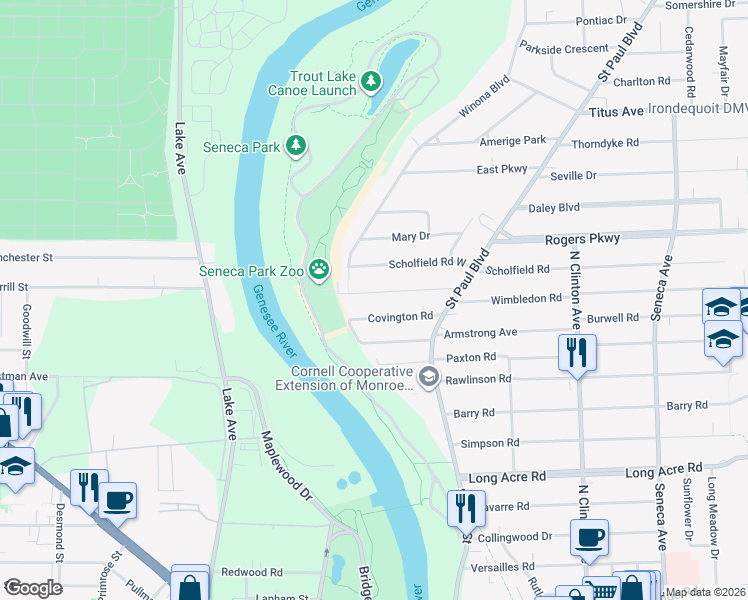 map of restaurants, bars, coffee shops, grocery stores, and more near 37 Maplehurst Road in Rochester