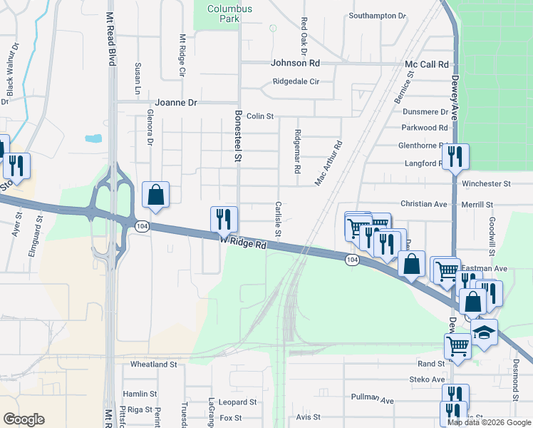 map of restaurants, bars, coffee shops, grocery stores, and more near 65 Everett Street in Rochester