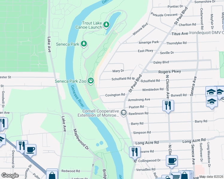 map of restaurants, bars, coffee shops, grocery stores, and more near 89 Maplehurst Road in Irondequoit
