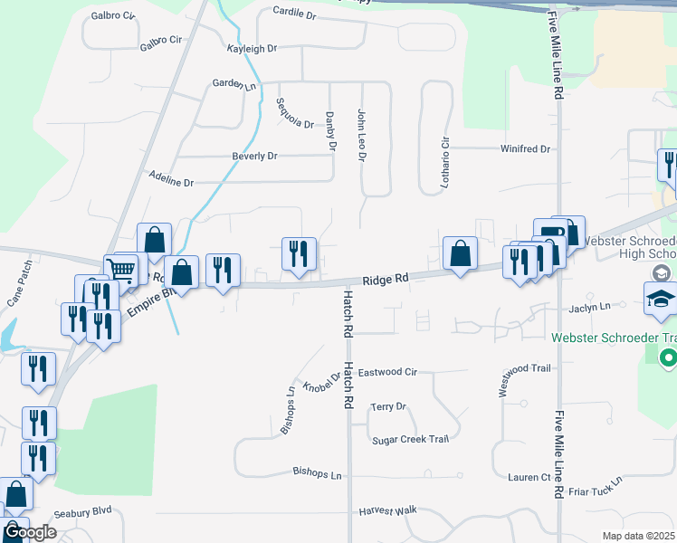 map of restaurants, bars, coffee shops, grocery stores, and more near 710 New York 404 in Webster