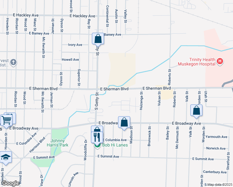 map of restaurants, bars, coffee shops, grocery stores, and more near 919 East Sherman Boulevard in Norton Shores