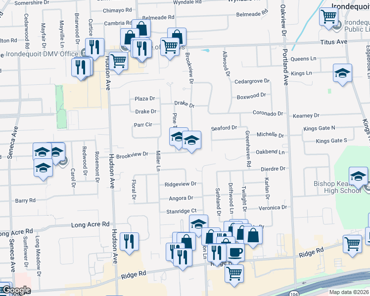 map of restaurants, bars, coffee shops, grocery stores, and more near 276 Brookview Drive in Rochester