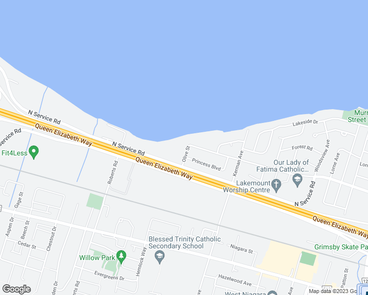 map of restaurants, bars, coffee shops, grocery stores, and more near 142 Olive Street in Grimsby