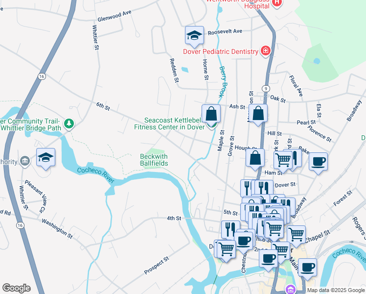 map of restaurants, bars, coffee shops, grocery stores, and more near in Dover
