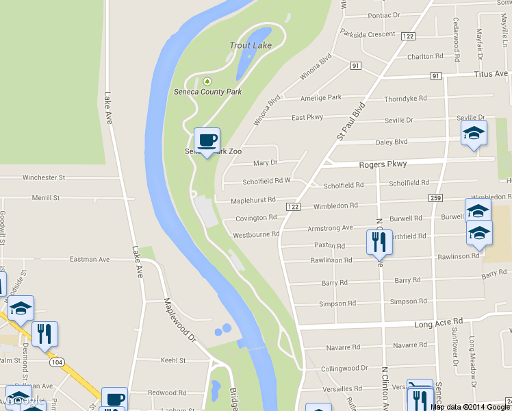 map of restaurants, bars, coffee shops, grocery stores, and more near 89 Maplehurst Road in Rochester