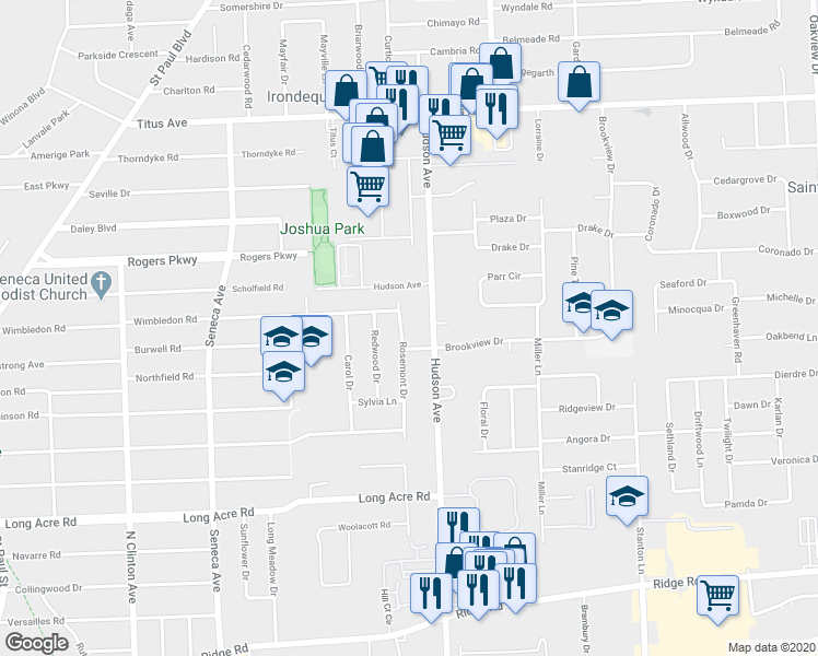 map of restaurants, bars, coffee shops, grocery stores, and more near 228 Rosemont Drive in Rochester