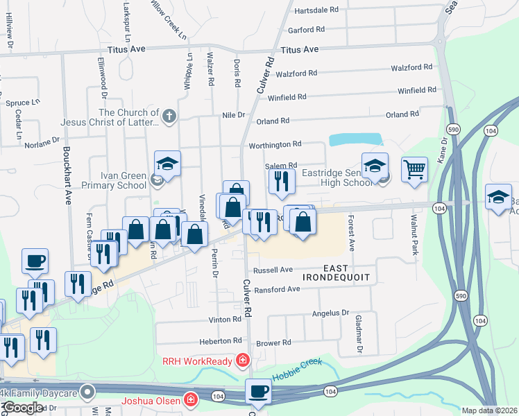 map of restaurants, bars, coffee shops, grocery stores, and more near 15 Ridgewood Dr in Rochester