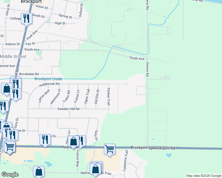 map of restaurants, bars, coffee shops, grocery stores, and more near 5 Timber Trail in Brockport
