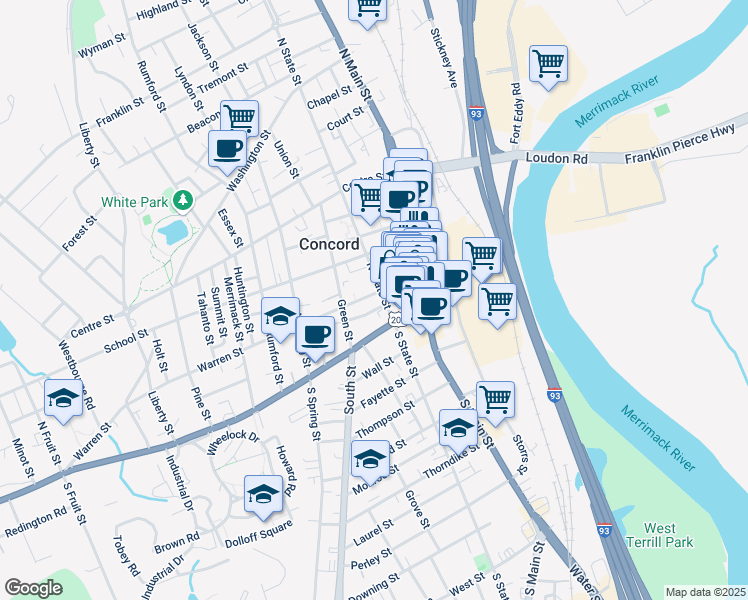 map of restaurants, bars, coffee shops, grocery stores, and more near 25 Warren Street in Concord